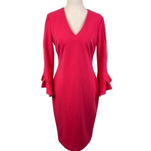 Calvin Klein Sheath Dress Women's Size 4 Pink Lace Inset Bell Sleeves Business
